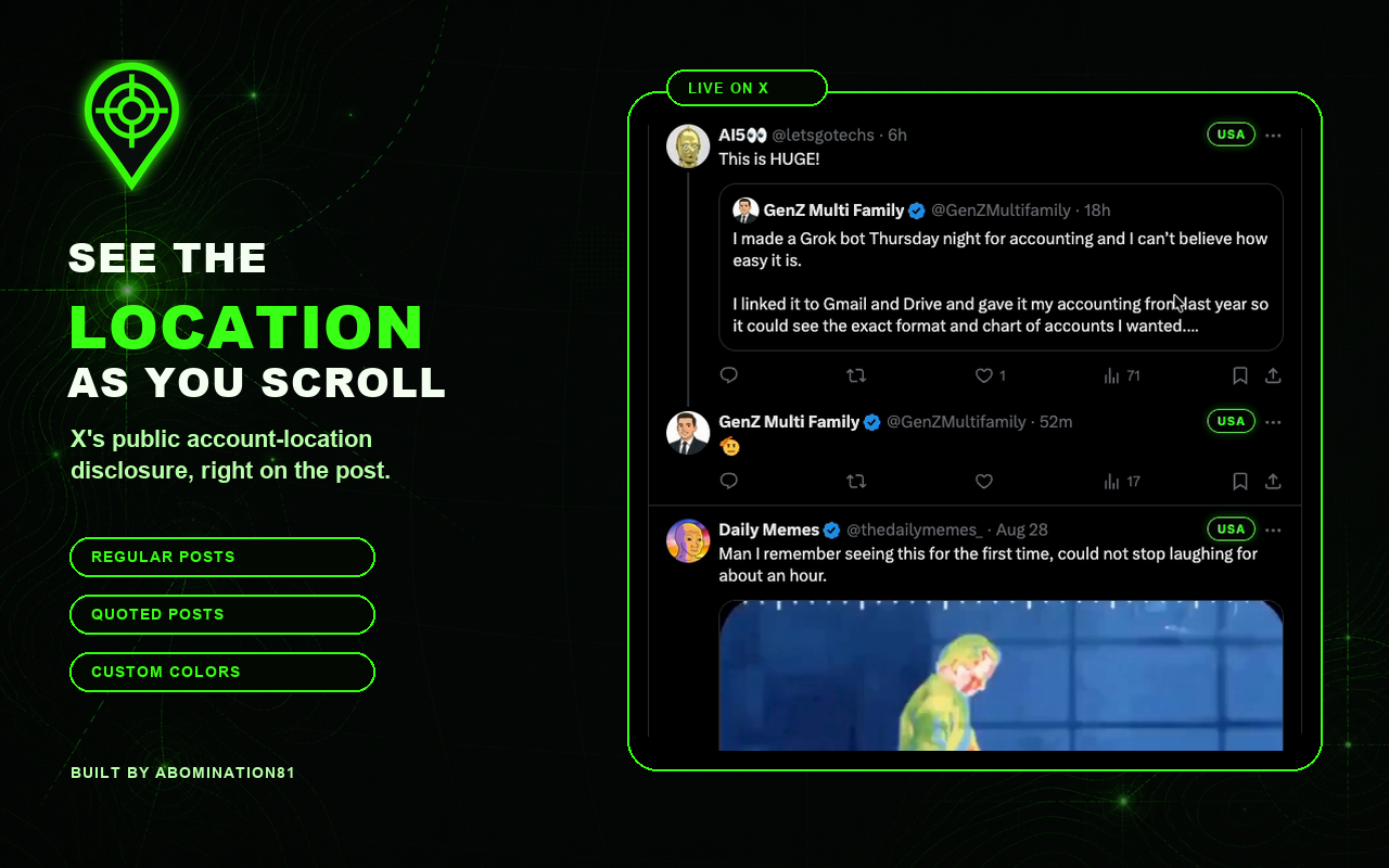 Example X timeline with green location badges on regular and quoted posts