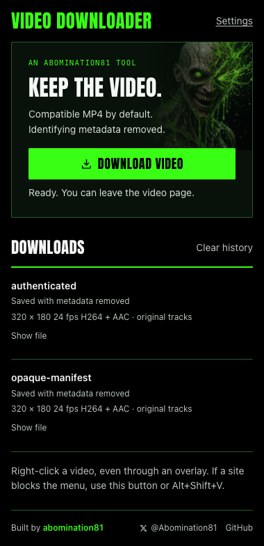 The actual extension showing a completed MP4 download with metadata removed.